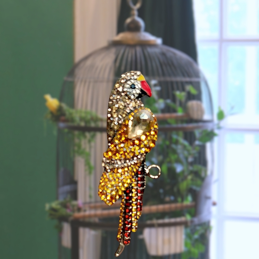 Amber Rhinestone Parrot Brooch